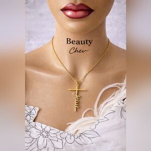 “Faith & Beauty” Gold Jesus Cross Necklace – Elegant Spiritual Statement Necklac
